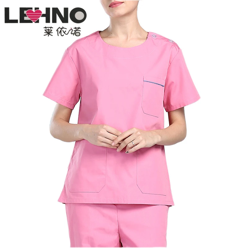 

Brands LEHNO Top Quality Women Scrub Sets Breathable Beauty Salon Pink Uniforms Cotton Short Sleeve +Long Trousers