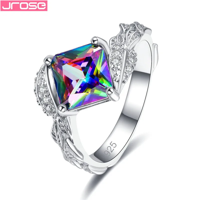 

JROSE Trendy Exquisite Bijoux Silver Luxury Multicolor Square Zircon Ring For Women's Valentine's Day Gifts For Wedding Jewelry