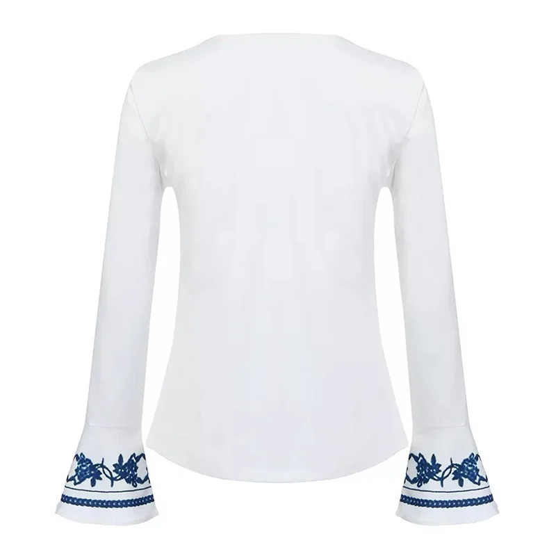 Белые женские топы с длинными рукавами рубашки v-образным вырезом длинный