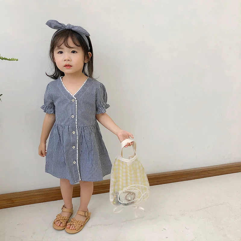 2019 Spring New Arrival korean style cotton plaid short sleeve princess dress with headband for cute sweet baby girls | Детская одежда