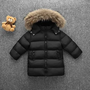 Куртка на белом утином пуху для мальчиков и девочек, детское теплое пальто с меховым воротником и капюшоном, детские пуховые куртки для детей 2- 7 лет