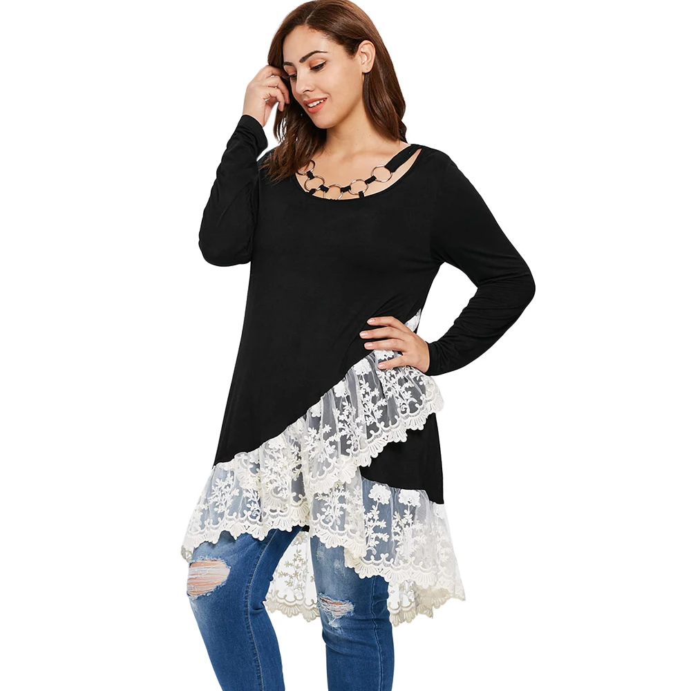 ROSEGAL Plus Size Lace Trim Layered Tunic T-Shirt Autumn O Neck Long Sleeve Ladies Tops Casual T Shirt 2019 Women Clothing | Женская