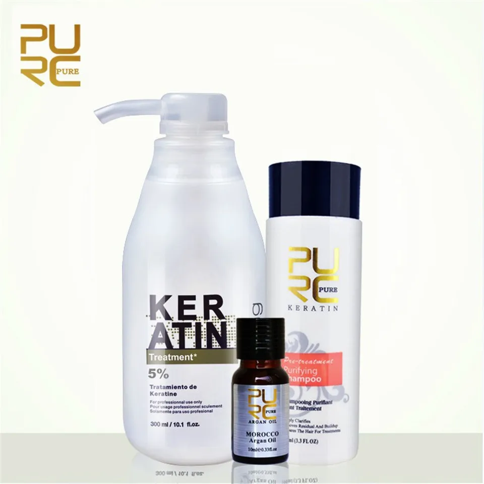 

3PCS/lot PURC 5% Formalin Straightening Brazilian Hair Keratin Treatment 300ml +100ml Purifying Shampoo + 10ml Morocco Argan Oil