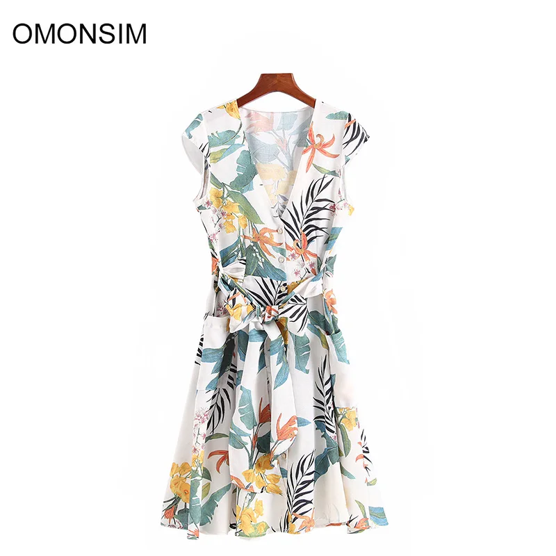 OMONSIM women vintage v-neck short-sleeved ruffled print dress casual retro female dresses vestidos mujer 0335 | Женская одежда