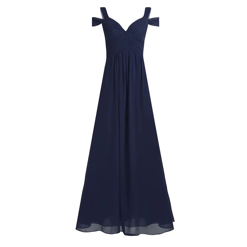 Navy Blue Женское элегантное шифоновое длинное платье подружки невесты для свадебной вечеринки с открытыми плечами и глубоким v-образным вырезом - Цвет: Navy Blue