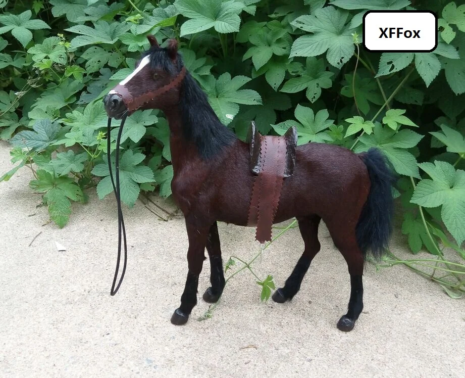 

big real life 1:6 war horse model plastic&furs simulation brown blood horse doll with saddle gift about 36x34cm xf1882