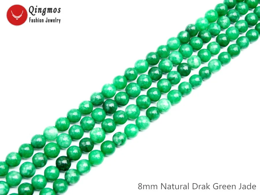 

Qingmos Natural 8mm Round Drak Green Jades Stone Loose Beads for Beadwork Necklace Bracelet Earring DIY 15" los810
