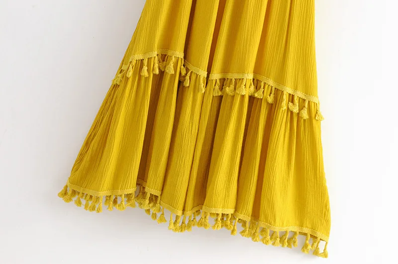 Ordifree/лето ; Boho; Женское Платье макси с открытыми плечами; с вырезом лодочкой; с кисточками; цвет желтый, белый; сексуальное длинное пляжное платье-туника