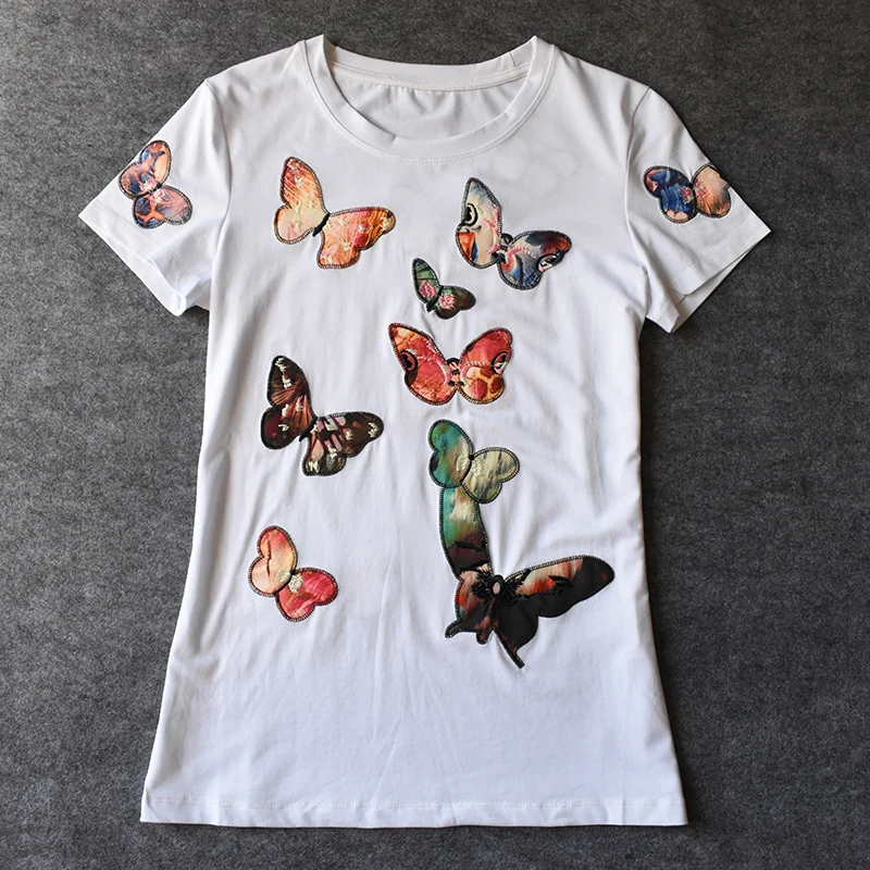 Лидер продаж женская футболка с вышивкой и принтом бабочки коротким рукавом