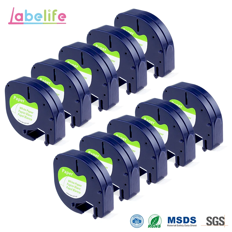 Labelife 10Pack Paper Label Tape 91200 91220 91330 Self-Adhesive for DYMO LetraTag Printer Black on White 12mm |