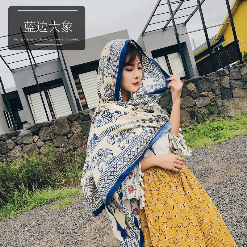 Autumn new style literature and art ancient national wind elephant cotton linen scarves sunscreen shawls beach towels | Аксессуары для