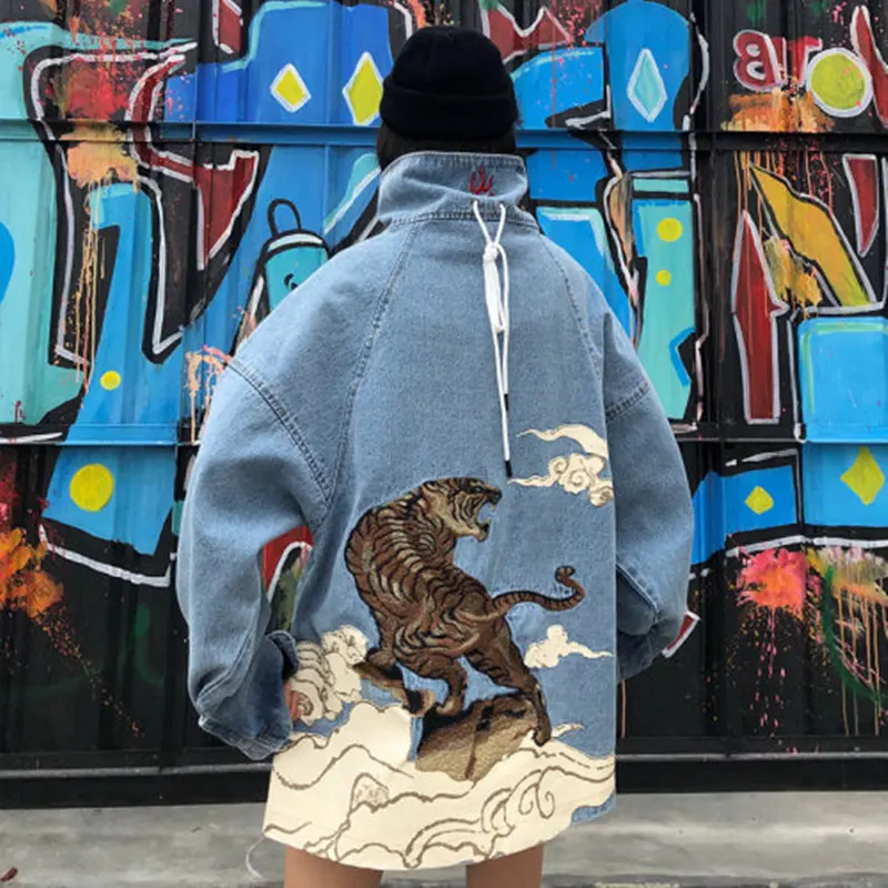 Японский стиль тигр вышитые джинсовые куртки для мужчин хип хоп куртка уличная