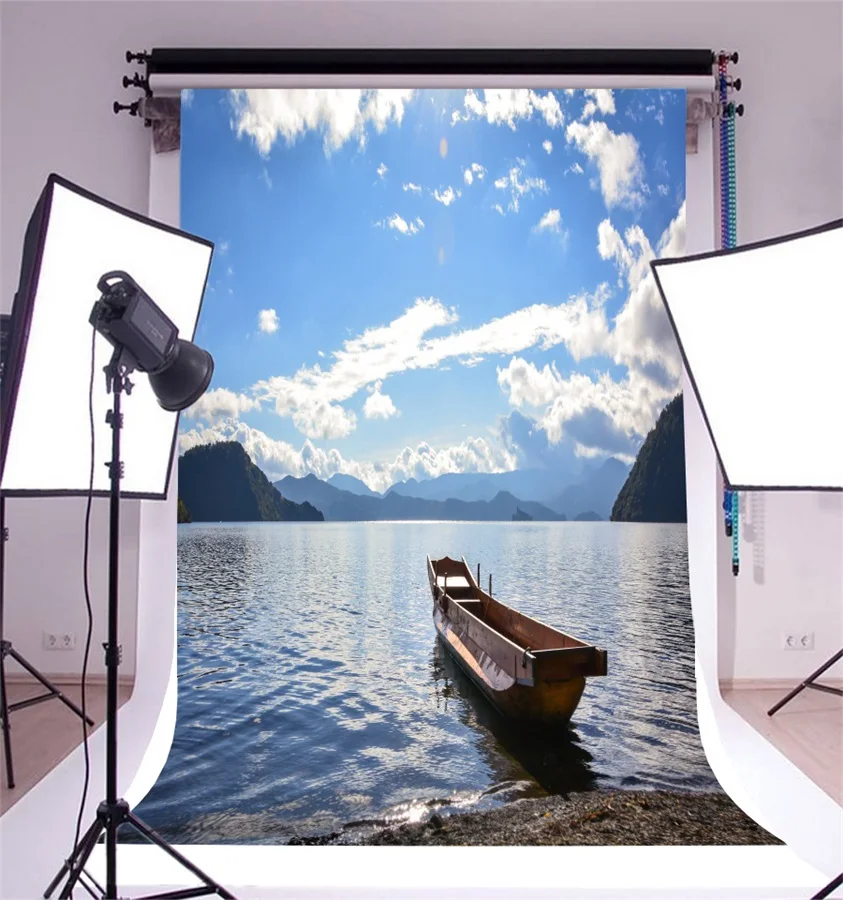 Laeacco Sunny Cloudy Sky Lake Beach Boat Landscape фоны для фотосъемки виниловые фотообои фотостудии |