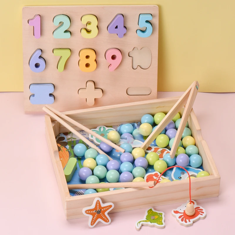 

Candice guo wooden montessori toy multifunctional baby hand train wood clip carry beads ball shape match board fish game 1box