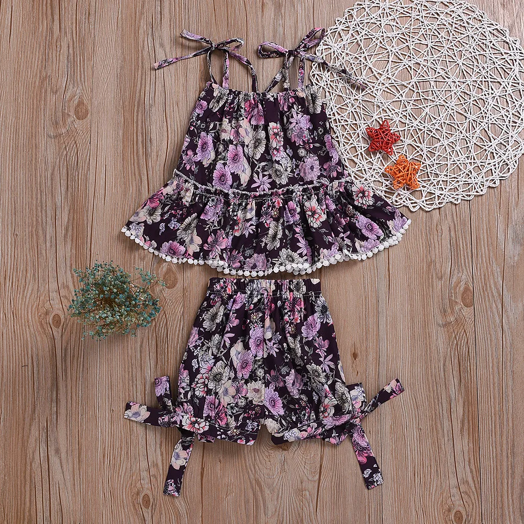 Girls Clothes Kid Baby Child Toddler Kids Girl Floral Print Ruffled Tops Bow Denim Shorts 2PC Outfits |