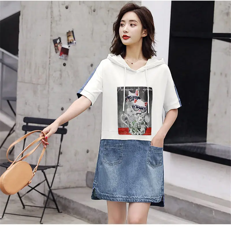 Женское джинсовое платье с капюшоном повседневное свободное мини-платье