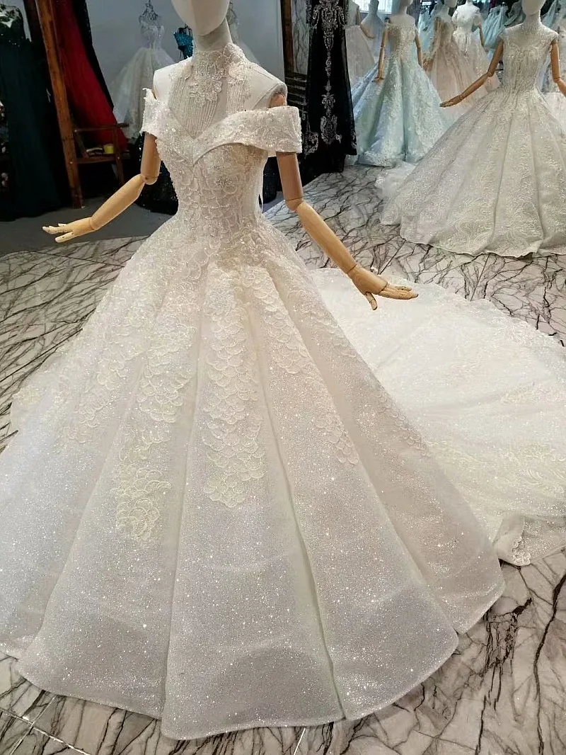 LS445441 изогнутое блестящее свадебное платье с открытыми плечами Милое Свадебное