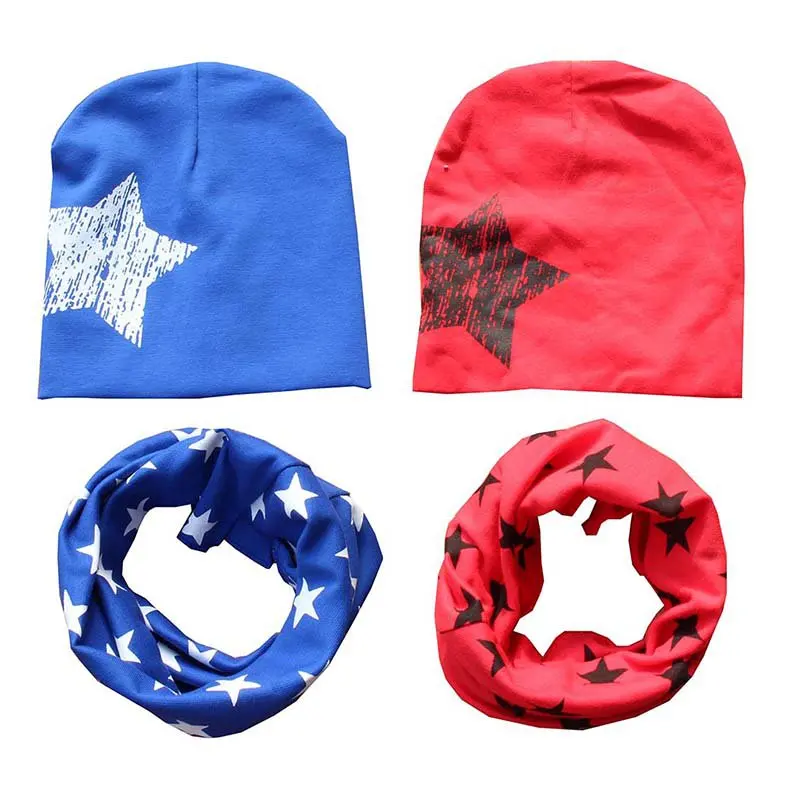 Kids Hat Scarf + Hats Set Autumn Winter Cotton Scarf-collar Warm Beanies Star Print Infant Sets Accessories |