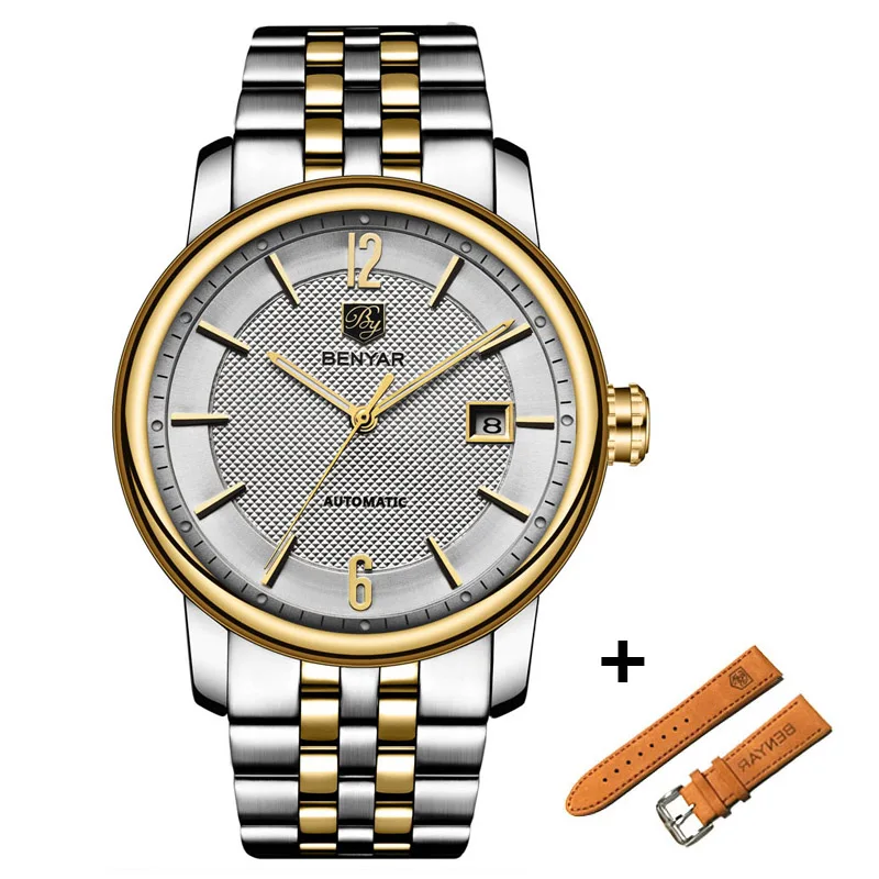 Steel Gold White BENYAR Модный Топ люксовый бренд кожаный комплект часов автоматические Мужские часы Мужские механические стальные часы Relogio Masculino - Цвет: Steel Gold White
