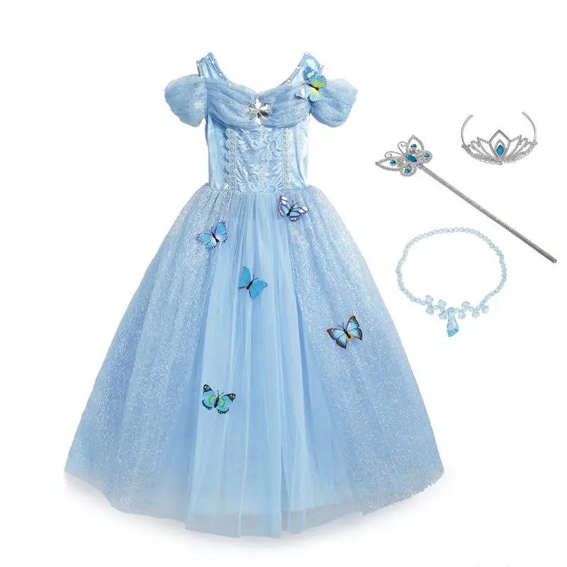 Cinderella Dress Set MUABABY платье Золушки для девочек; костюм принцессы с бабочками; Детские праздничные платья без рукавов; детские маскарадные костюмы на Хэллоуин - Цвет: Cinderella Dress Set