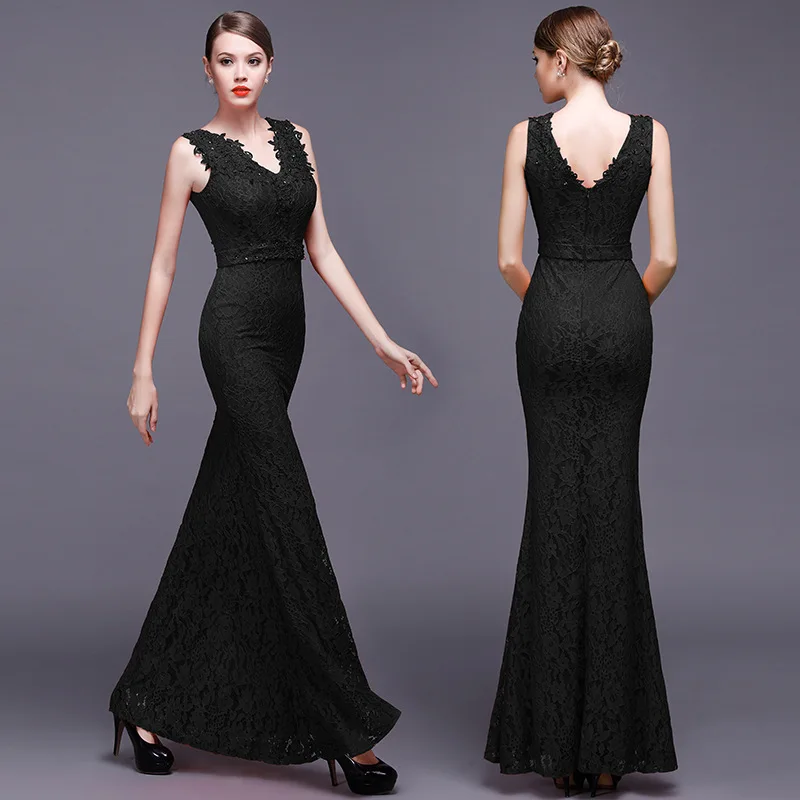 black 2 Эластичное кружевное длинное китайское вечернее платье Qipao, элегантное женское свадебное вечернее платье, красное платье-Русалка Cheongsam, Сексуальное Дешевое Qi Pao Chipao - Цвет: black 2