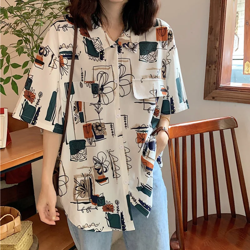 Women Shirt New Summer Loose Casual Blouse Female Short Sleeve Shirt Flower Print Women Tops XZ426