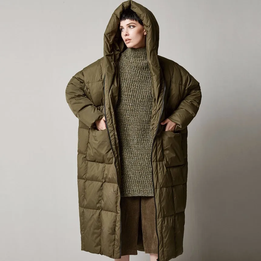 army green Качественные зимние женские пуховые пальто, новая мода, большие размеры, утиный пух, куртки с капюшоном, длинные, свободные, гусиные перья, парка для женщин, Okb339 - Цвет: army green
