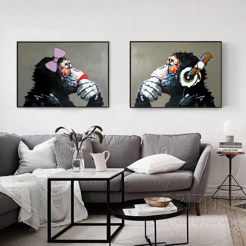 

Hand-painted High Quality 5 Pieces Canvas Art Monkey Oil Painting for Wall Decoration Palette Knife Gorilla Monkey Oil Painting