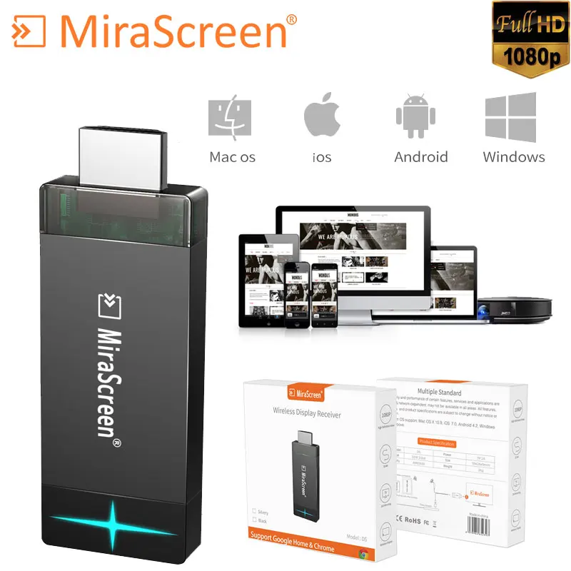 Mirascreen D5 2 4G + 5G Miracast TV Stick Anycast WiFi Дисплей ТВ Ключ Приемник Airplay отзеркаливание DLNA для