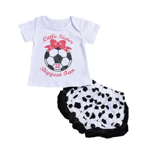 Baby Girl Kid Summer Volleyball Sport Little sister biggest fan White Letter Print T-shirts Toddler Clothes Tops+Shorts Pants | Мать и