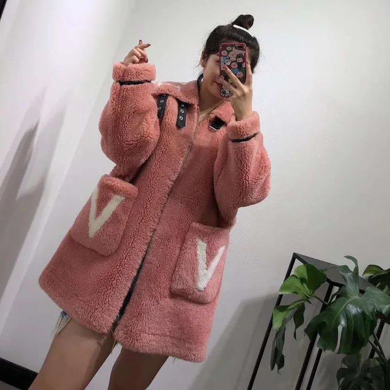 women winter jacket new female sheep fur coat plus size wool blends parka real fur Moto& Biker pink clothes Letter Pattern