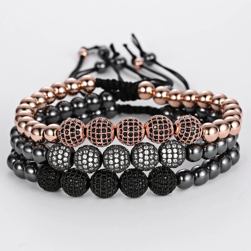 Mcllroy мужские браслеты, круглые бусины и 8 мм Micro Pave черные CZ бусины Micro Pave кубического циркония плетение Макраме Браслеты