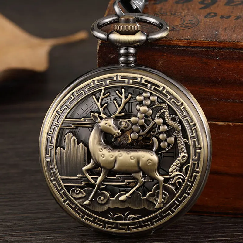 

Golden Flower Deer Carving Design Luxury Mechanical Pocket Watch FOB Waist Chain Hollow Steampunk Skeleton Hand Wind Mens Clock