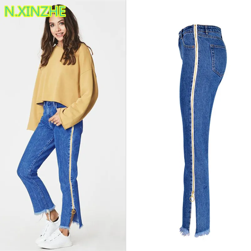 2018 Женская одежда с высокой талией на молнии сбоку кисточками потертые джинсовые