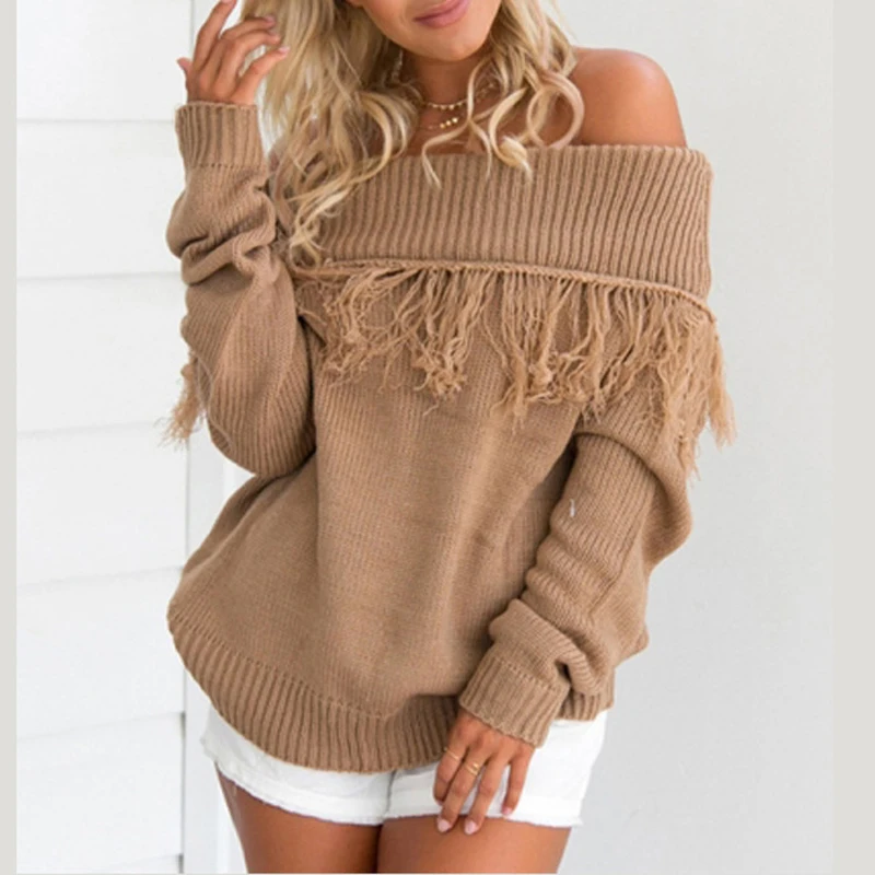 Для женщин свитер Timechee Повседневное Slash шеи кисточкой с длинными рукавами в стиле