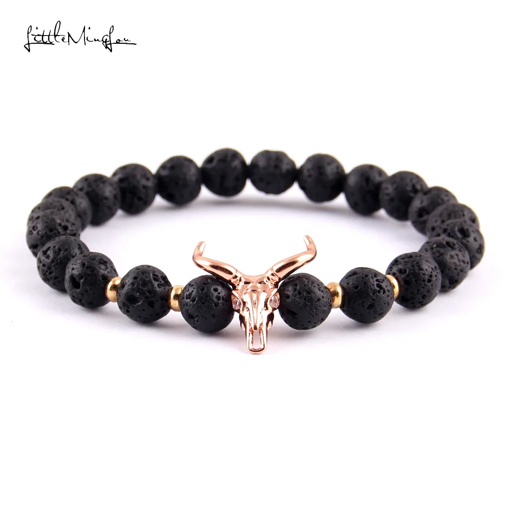 Маленький MingLou Панк CZ голова быка Шарм браслет 8 мм Лава камень Бусины мужские