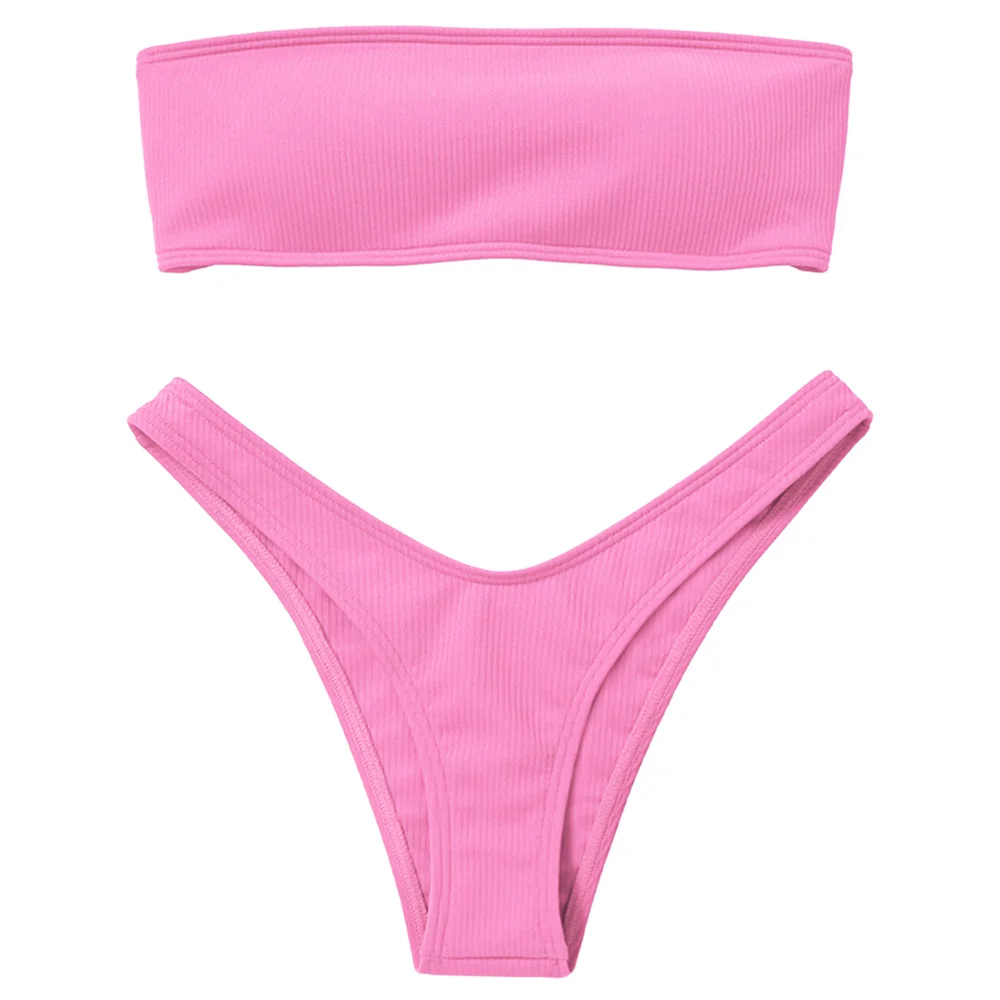 LANGSTAR Bandeau Bikini Ribbed Swimwear Women High Cut Swimsuit Sexy Strapless Lace up Padded Swimwear Thong Biquni Bathing Suit