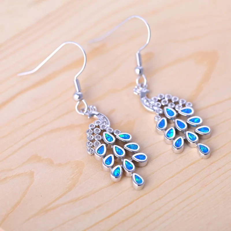 ROLILASON The new peacock design is for ladies wedding gift blue Fire Opal Silver Drop Earrings Fashion Jewelry OE703 | Украшения и