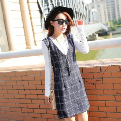 Navy blue Осень-зима, женское клетчатое платье без рукавов, плюс размер 4XL, элегантное приталенное платье-жилет с v-образным вырезом, повседневные женские шерстяные платья трапециевидной формы - Цвет: Navy blue