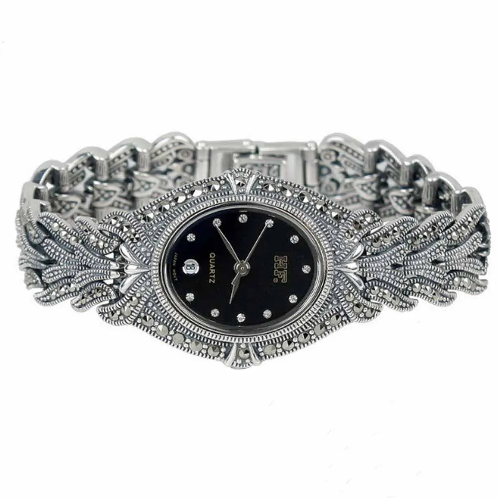 Black Jade Angel, женские винтажные часы с марказитом, тайские 925 пробы, Серебряные наручные часы, рождественские подарки, подарки на день благодарения, подарки на день рождения - Цвет: Black