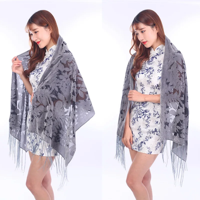Новое поступление 2018 шарф на голову с серыми листьями женский шелковый хиджаб