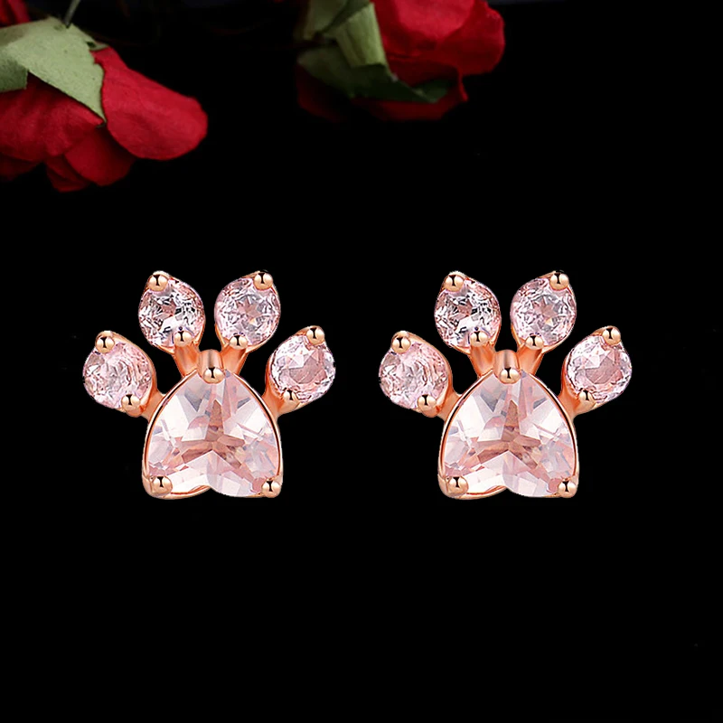 Женские серьги в форме собачьей лапы розовое золото с фианитом|animal stud earrings|fashion