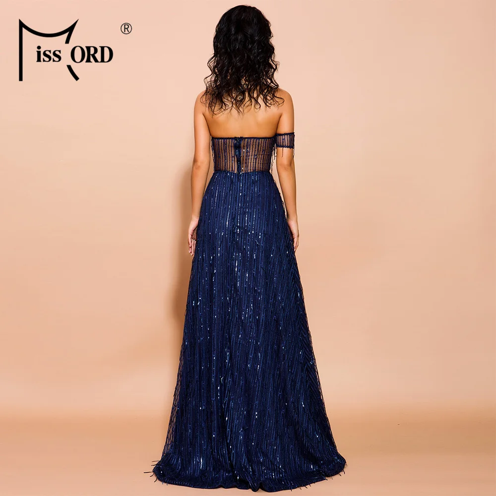 

Missord 2021 Women Sexy Off Shoulder Sequin Dresses Female Elegant High Split Backless Maxi Dress FT19617