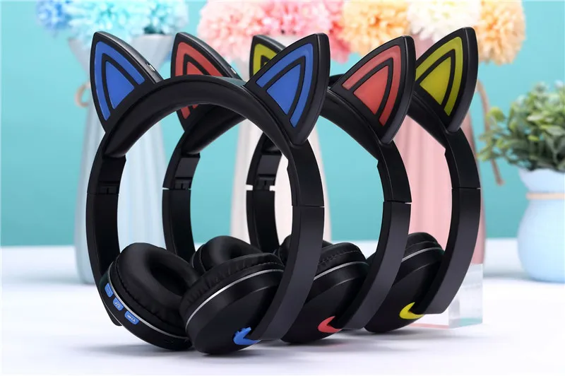 Cue Cat светодиодный складной Bluetooth наушники Беспроводная гарнитура повязка на голову стерео наушники с микрофоном для мобильного телефона ПК подарок для девочек Дети