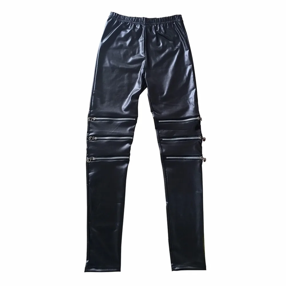 Женские кожаные леггинсы эластичные на три молнии для фитнеса в стиле панк лето