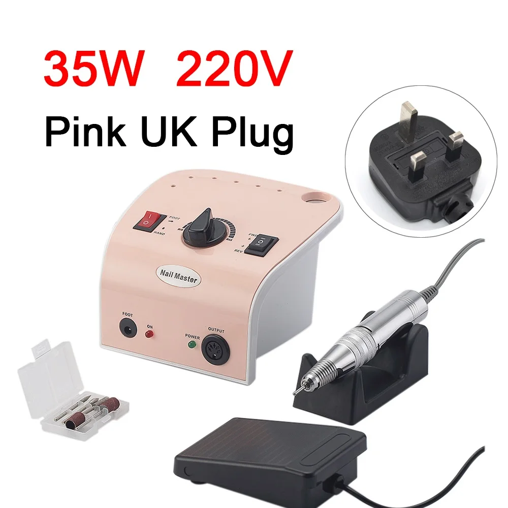Pink UK plug 35000 об/мин Электрическая дрель для ногтей, маникюрный набор, пилка 35 Вт, розовая ручка для ногтей, машинка, набор с вилкой европейского стандарта - Цвет: Pink UK plug
