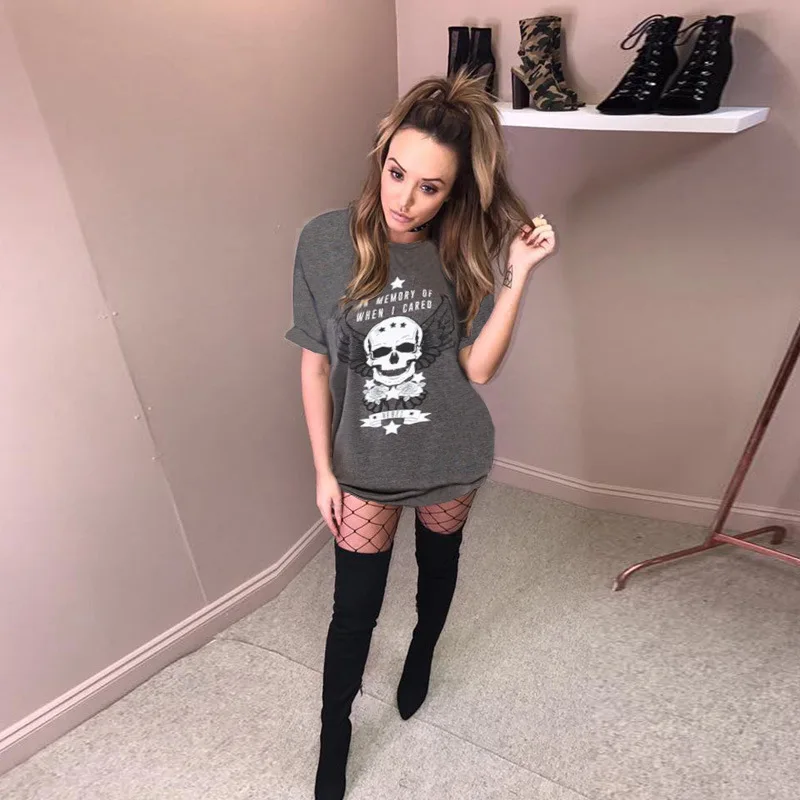 2018 Лето o-образным вырезом длинная футболка Женская Череп печати моды с коротким