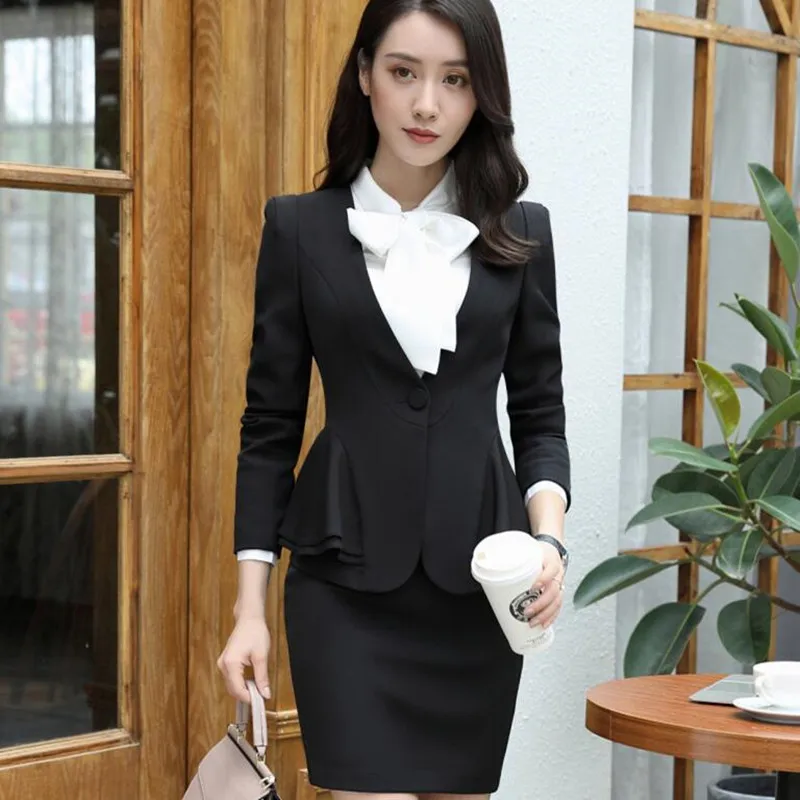 Black coat and skirt Осенне-зимний женский костюм с юбкой, элегантный деловой костюм с длинным рукавом и оборками, Офисная Женская одежда размера плюс, Рабочая форма - Цвет: Black coat and skirt