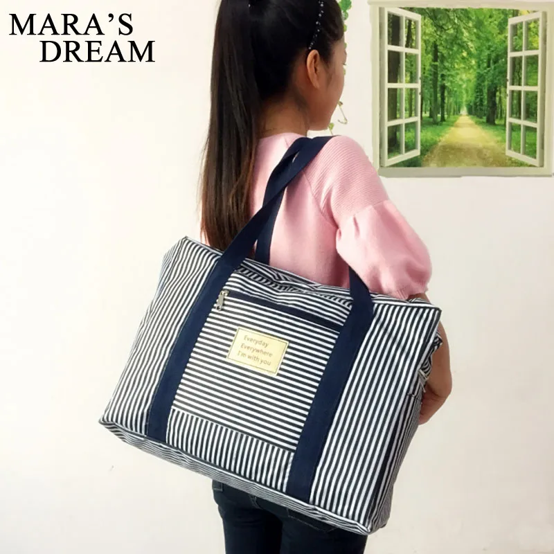 

Mara's Dream Unisex travel bag large capacity stripe fold waterproof Oxford Women bag casual Men and Women travel storage bag