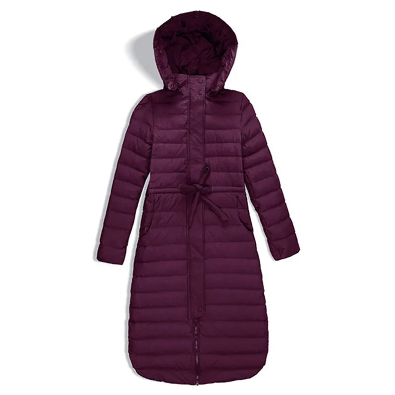 

HIJKLNL Slim Thin Down Jacket Overcoat 2019 New Women Winter Hooded Waist-tie Long Duck Down Coat Parkas Woman's Coat LH1151